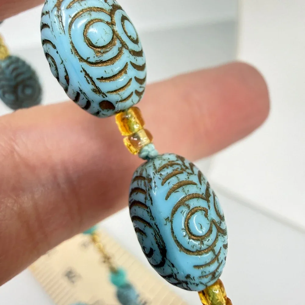 Vintage Egyptian‎ Revival Faience Ceramic Bead Gold Scarab Necklace